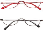 REAVEE 2 Pack Retro Designer Half Moon Reading Glasses for Women Men Spring Hinge Half Frame Readers Stylish Slim Eyeglasses with Pouch, Red and Gun Grey 1.25
