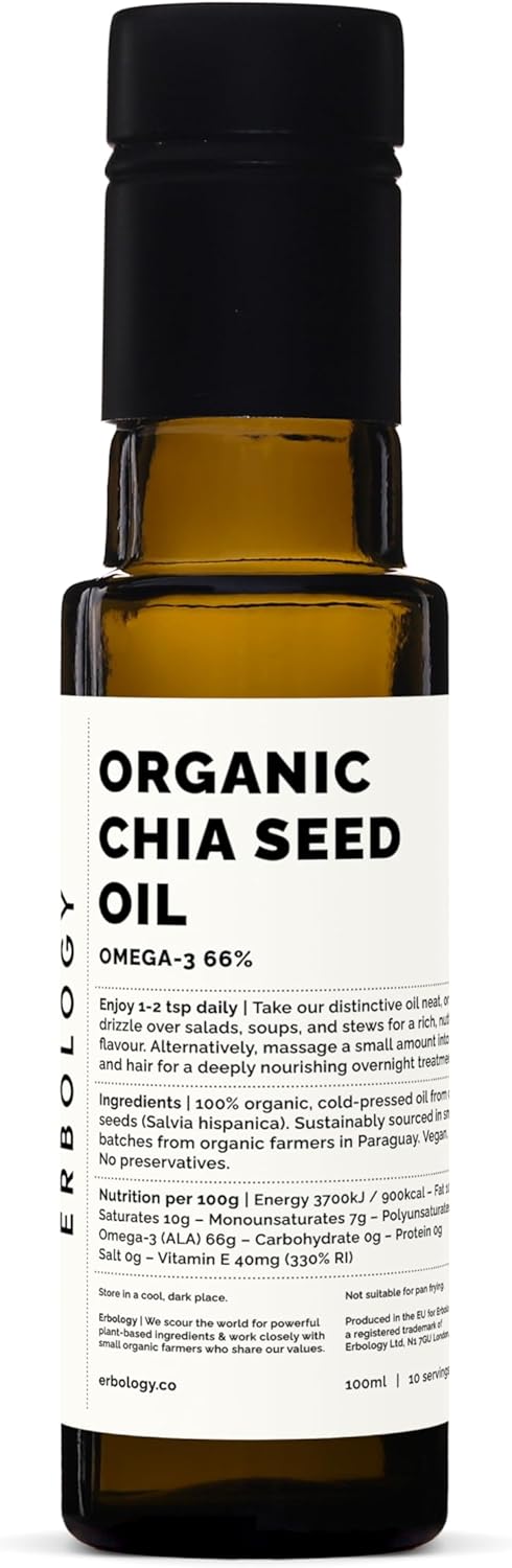 Erbology Organic Chia Seed Oil 3.4 fl oz - Cold-Pressed - Rich in Omega-3 (66%) and Vitamin E (330% RI) - No Additives or Preservatives - Sustainably Sourced - Vegan - GMO-Free