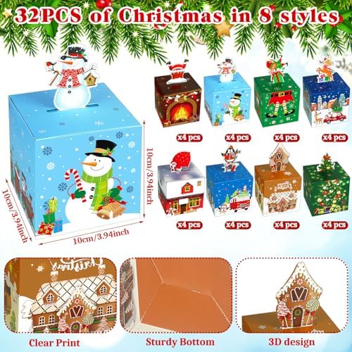 Yeaqee 32 Pcs Christmas Goody Gift Boxes 3D Xmas Candy Treat Box Red and Black Buffalo Plaid Treat Favor Bags Holiday Gift Wrap Paper Holder for Cookies Party Favor Supplies Giving(Vibrant)