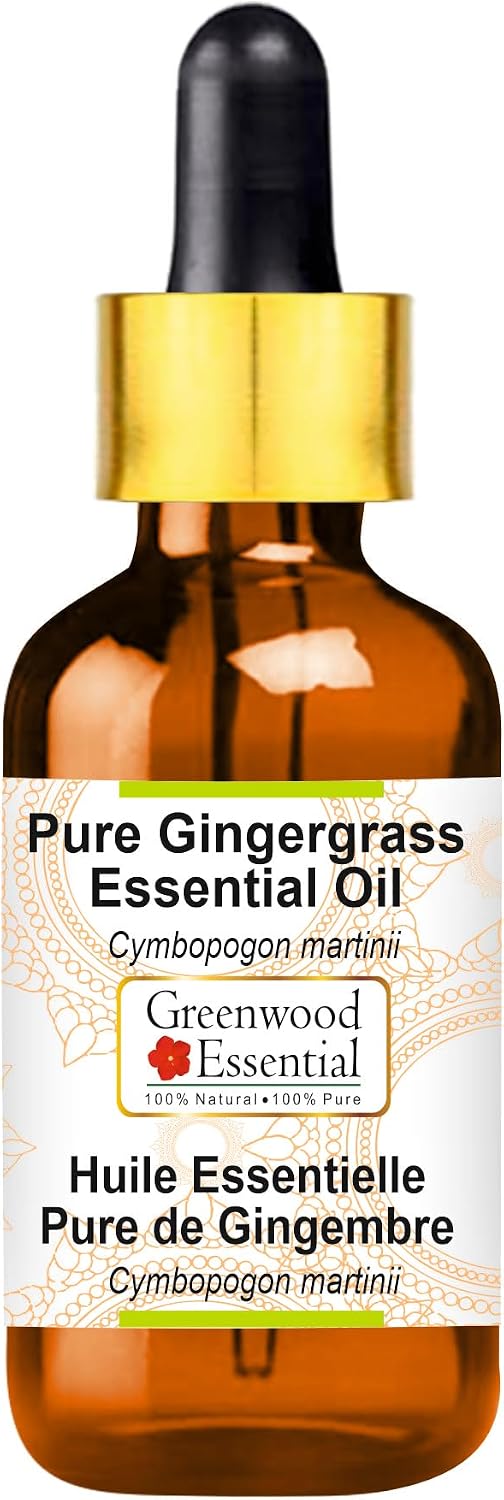 Greenwood Essential Pure Gingergrass Essential Oil (Cymbopogon martinii) with Glass Dropper Steam Distilled 50ml (1.69 oz)