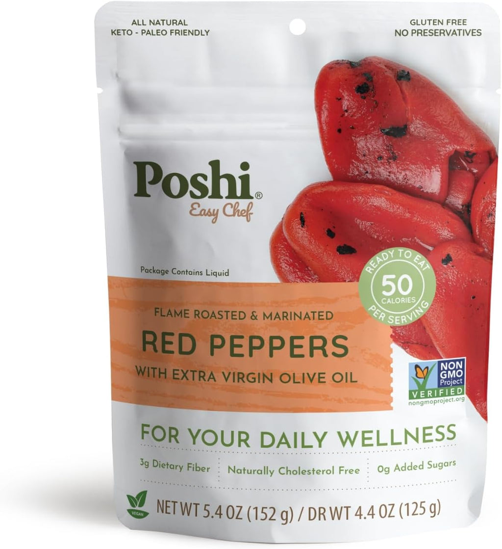 POSHI Flame Roasted Red Peppers in Extra Virgin Olive Oil Natural, Keto, Vegan, Non GMO, Low Carb + Calorie, Gluten Free, Ready to Eat, Fully Cooked Vegetables, Pentry Food, Gourmet, 6 Pack, 5.4 oz