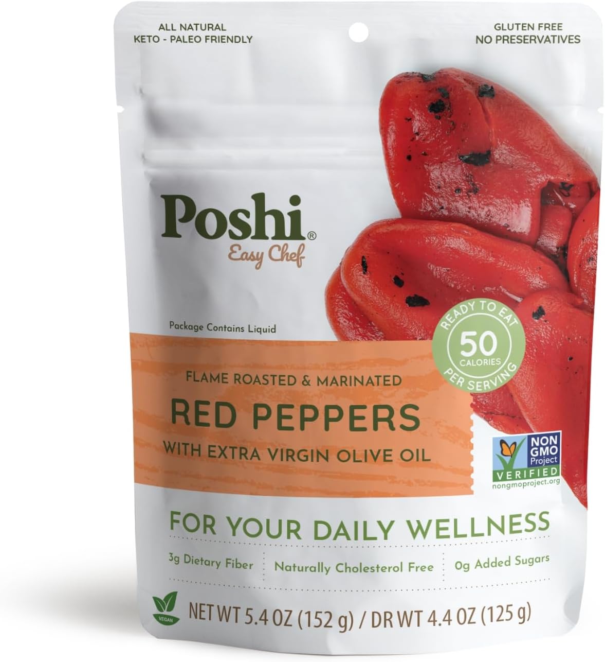 POSHI Flame Roasted Red Peppers in Extra Virgin Olive Oil Natural, Keto, Vegan, Non GMO, Low Carb + Calorie, Gluten Free, Ready to Eat, Fully Cooked Vegetables, Pentry Food, Gourmet, 6 Pack, 5.4 oz