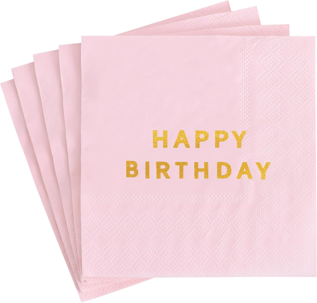 Vuzvuv 52 Pack Gold Foil Happy Birthday Cocktail Napkins - Birthday Party Dinner Hand Napkin for Party Supplies Decorations Table Decor for women man(5" Folded 3 Ply-Pink)