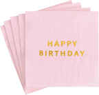 Vuzvuv 52 Pack Gold Foil Happy Birthday Cocktail Napkins - Birthday Party Dinner Hand Napkin for Party Supplies Decorations Table Decor for women man(5" Folded 3 Ply-Pink)