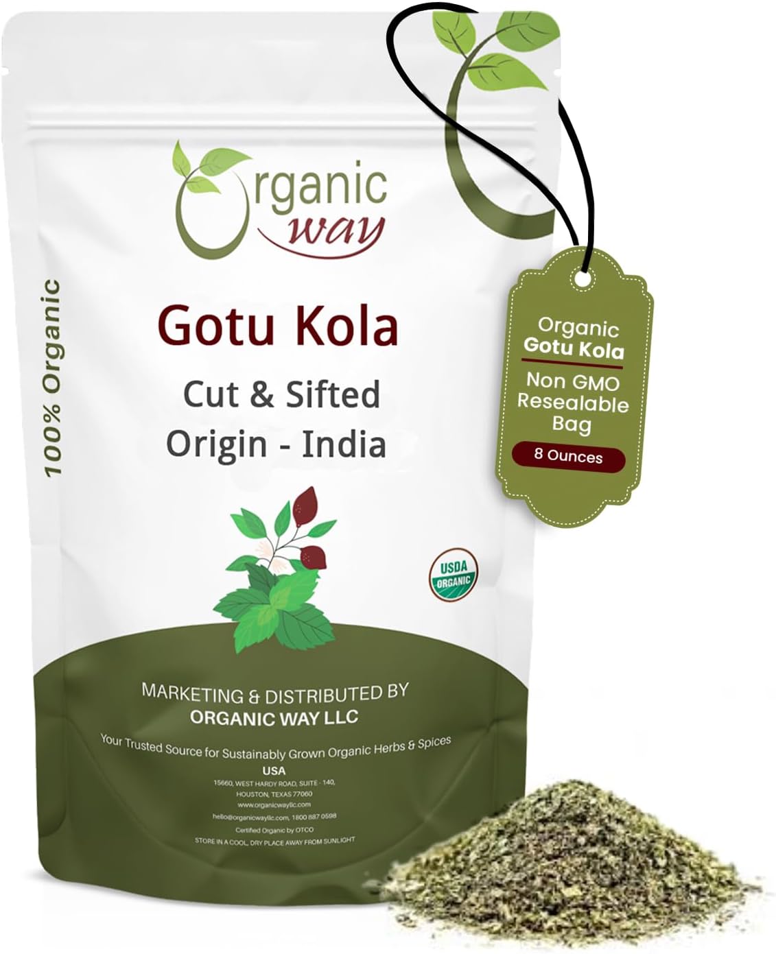 Organic Way Dried Gotu Kola Cut & Sifted (Centella asiatica) - Organic & Kosher Certified | Raw, Vegan, Non GMO & Gluten Free | USDA Certified | Origin - India (1/2LBS / 8Oz)