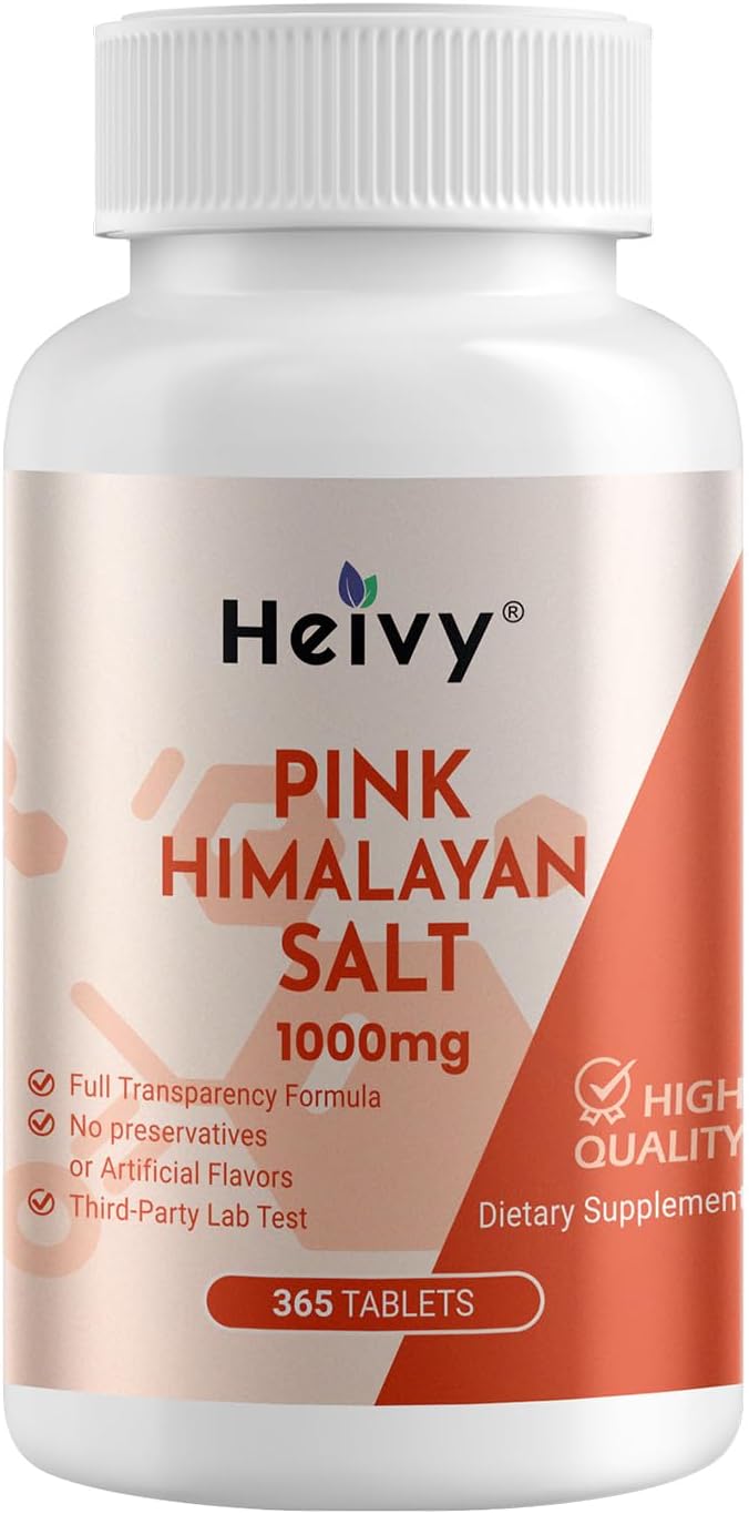 Heivy Pink Himalayan Salt Tablets 1000mg - Sodium Chloride 988mg, 365 Tablets, Non-GMO, Mineral-Rich Electrolyte Balance and Hydration