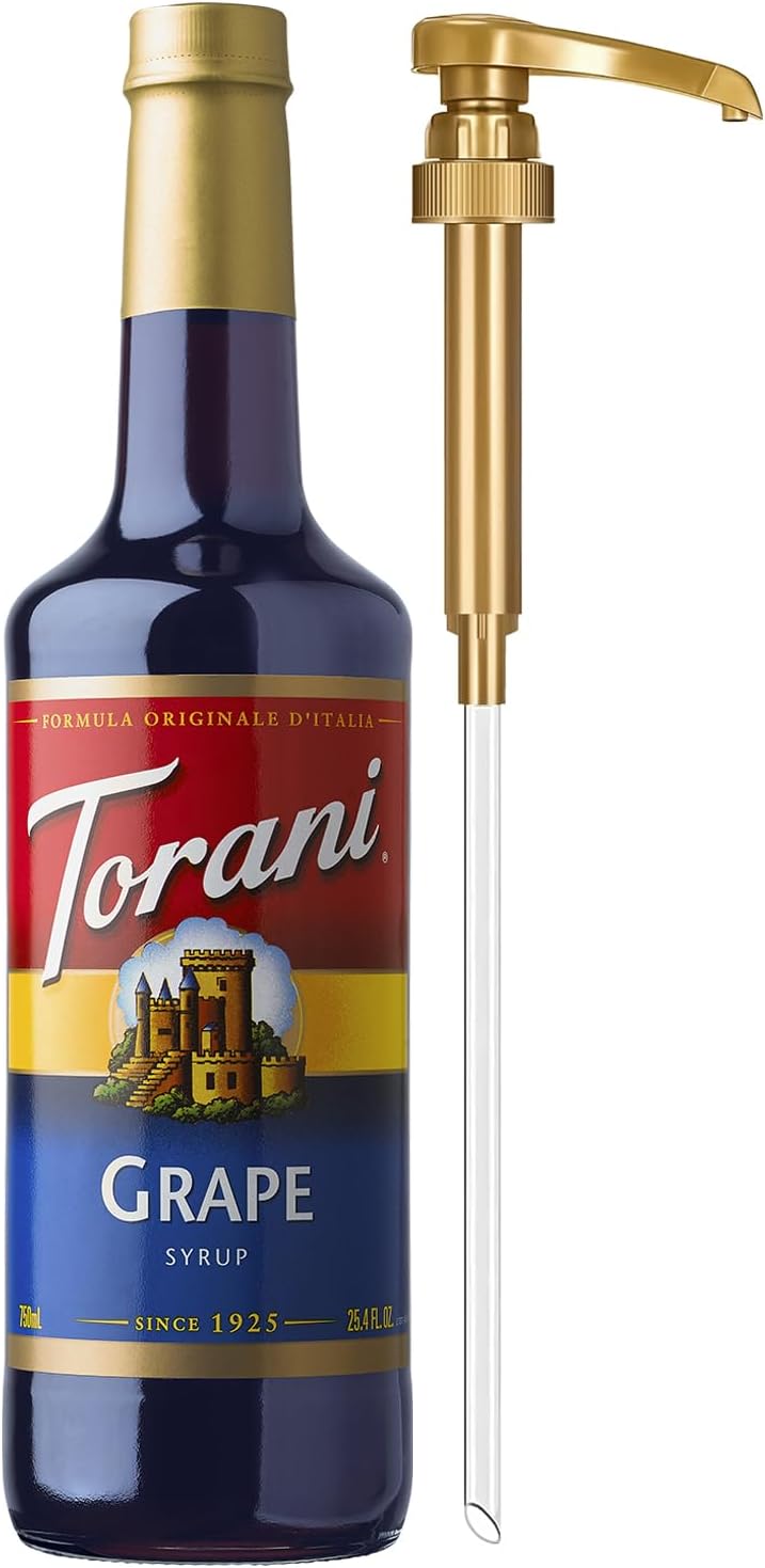Torani Grape Syrup for Drinks, Flavoring for Iced Tea, Lemonade, Sodas, and Cocktails, Glass Bottle with Pump Included, 25.4 Fl Oz