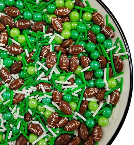 Football Sprinkles for Baking, Edible Sugar Pearl Green White Jimmies Sprinkles for Cake Cupcake Toppers Cookie Donuts Ice Cream Toppings