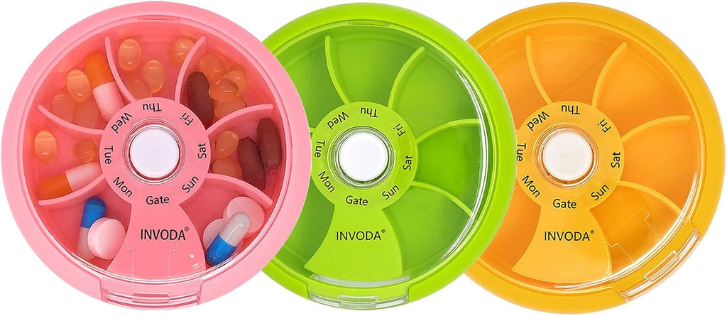 3PCS Pill Box 7 Day Travel Medicine Organizer Portable Pill Container Rotating Weekly Pill Organizer Round Cute Pill Case Fish Oil Vitamins Holder