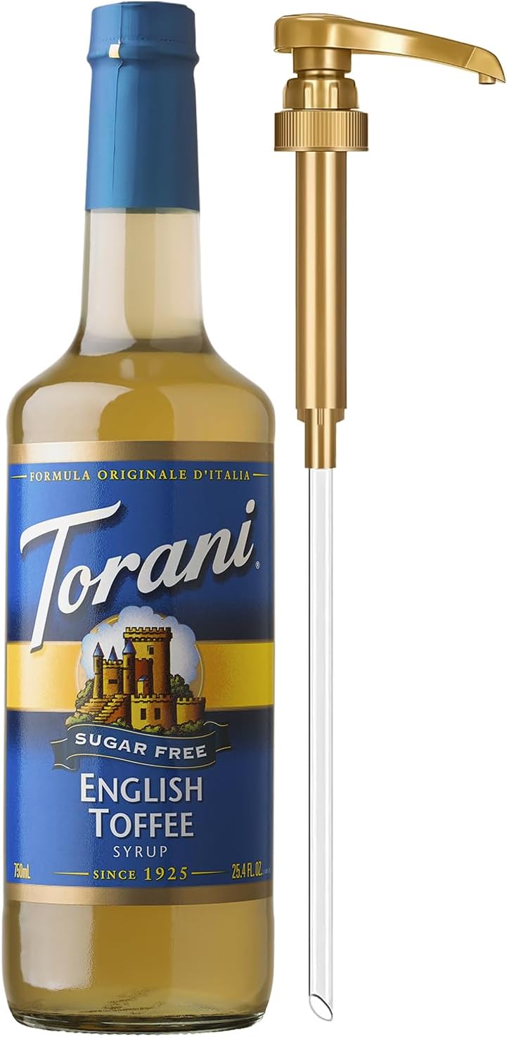Torani Sugar Free Coffee Syrup, English Toffee Flavored Syrup for Drinks, Zero Calorie, Glass Bottle with Pump Included, 25.4 Fl Oz