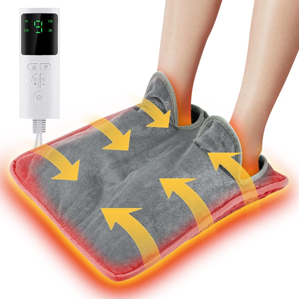 Electric Heated Foot Warmer for Men and Women, Foot Heating Pad Flannel Foot Heater with 2h Auto Off, Fast Heating Settings 4 Timers, Foot Heater for Bed,Under Desk,Office,Home Machine Washable, Gray