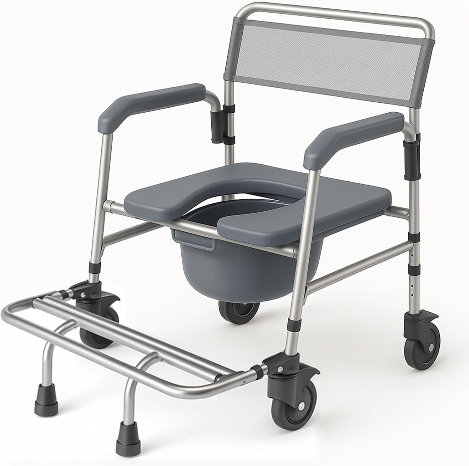 Vive Commode Shower Chair with Wheels - 3-in-1 Bathroom & Bedside Wheelchair for Seniors, Adults, Elderly, Disabled, Handicap - Rolling Toilet Transfer Seat w/Arms, Footrest, & Removable Bucket