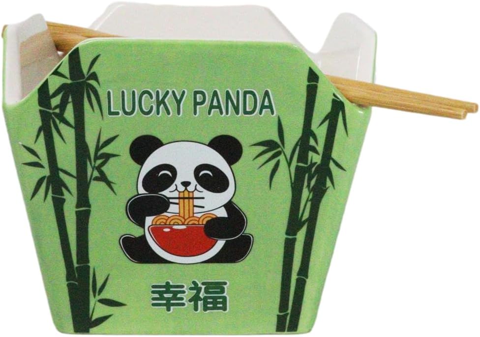 Ebros Gift Asian Takeout To Go Box Shaped Serving Bowl16Oz With Bamboo Chopsticks And Built In Rest Set Oriental Dining Rice Soup Ramen Bowls Kitchen Accent (Lucky Panda With Bamboo)