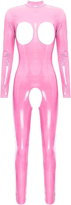 YiZYiF Womens Latex Jumpsuit Sleeveless Hollowing Out One Piece Outfits Bodycon Party Club Rompers