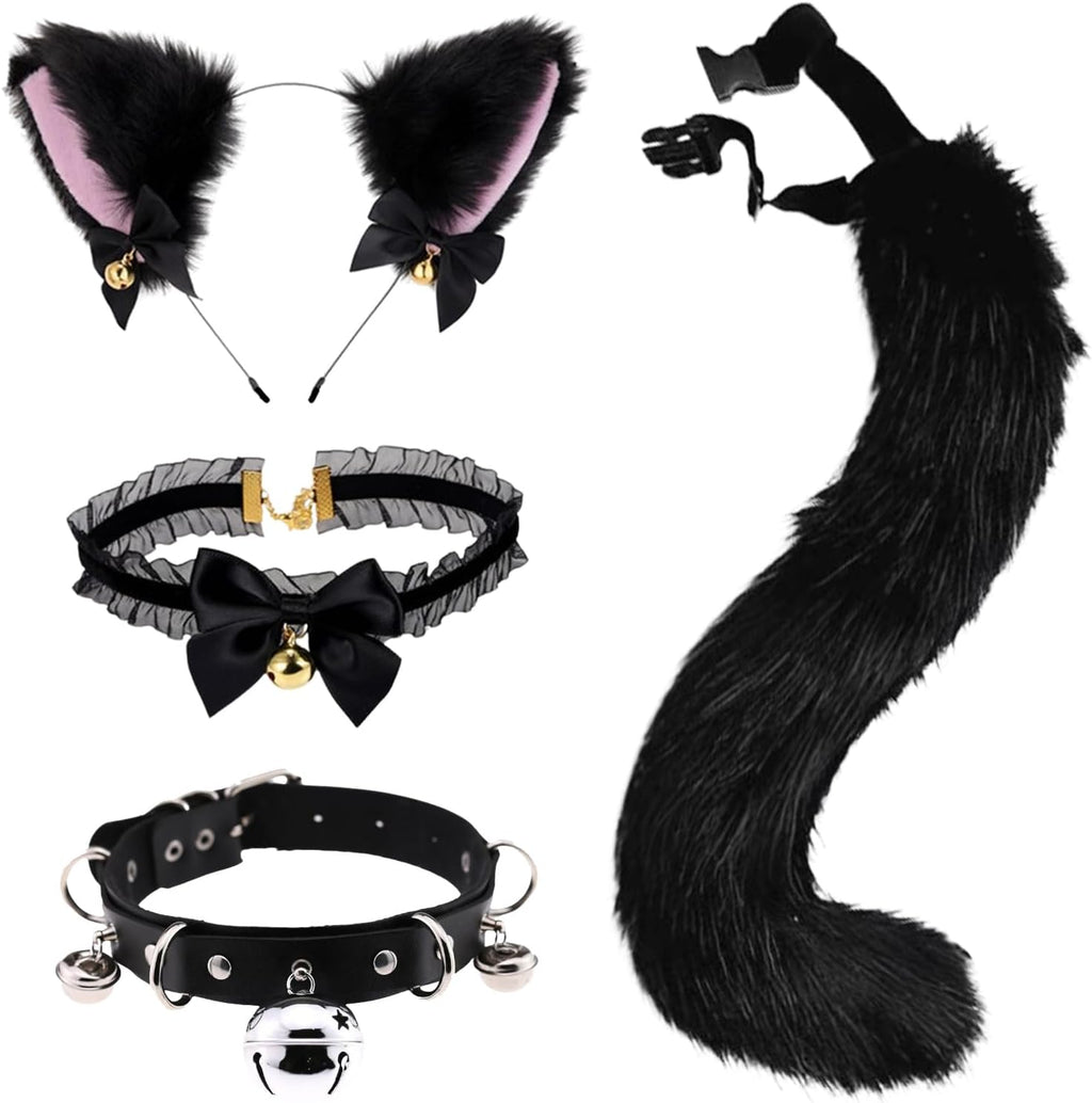 4 Pcs Cat Ears and Wolf Fox Animal Tail Cosplay Costume, Faux Fur Hair Clip Headdress Halloween Leather Neck Chocker Set Black Cat Ears and Wolf Fox Animal Tail Cosplay Girls Women