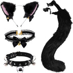 4 Pcs Cat Ears and Wolf Fox Animal Tail Cosplay Costume, Faux Fur Hair Clip Headdress Halloween Leather Neck Chocker Set Black Cat Ears and Wolf Fox Animal Tail Cosplay Girls Women
