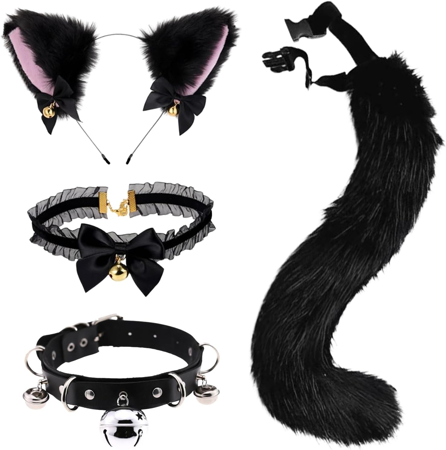 4 Pcs Cat Ears and Wolf Fox Animal Tail Cosplay Costume, Faux Fur Hair Clip Headdress Halloween Leather Neck Chocker Set Black Cat Ears and Wolf Fox Animal Tail Cosplay Girls Women