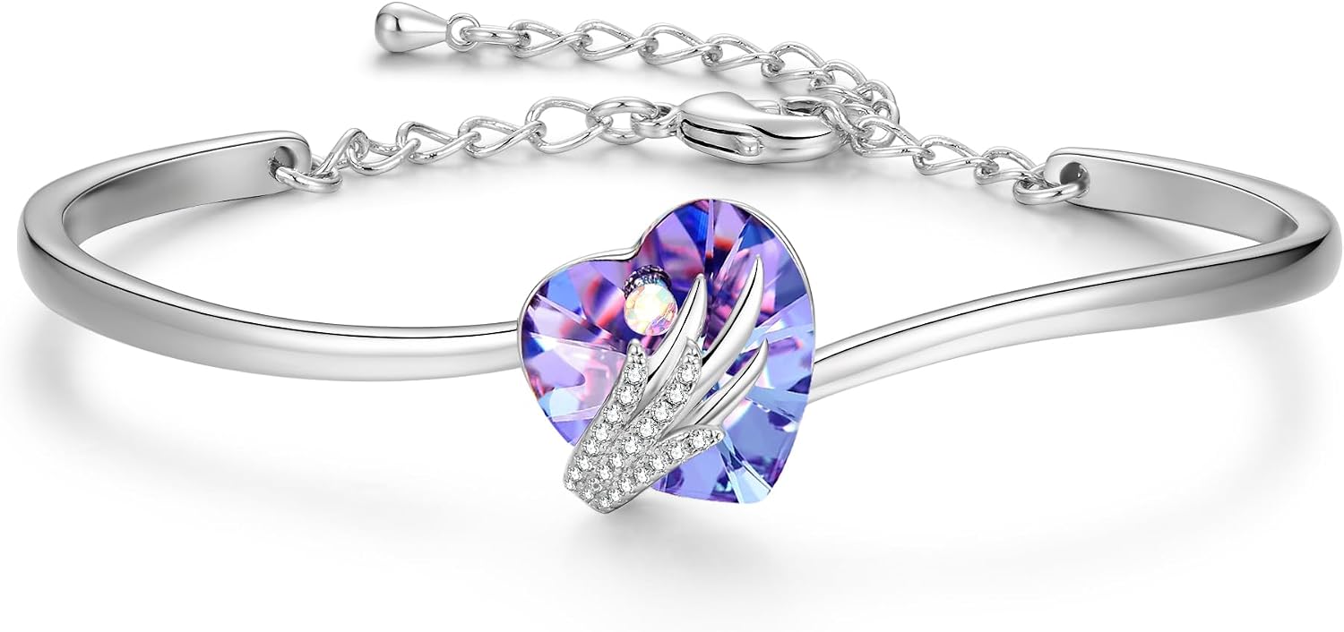 Praelinos Angel Wing Love Bracelet for Women Austria Crystal White Gold Plated Bangle Silver Tone Christmas Mother's Day Valentine's Day Jewellery Gift for Mom Wife Sister