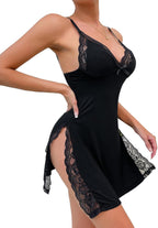Foxiny Sexy Split Side Floral Lace Trim Full Slip Night Gown Babydoll Lingerie Dress with Thong 2 piece