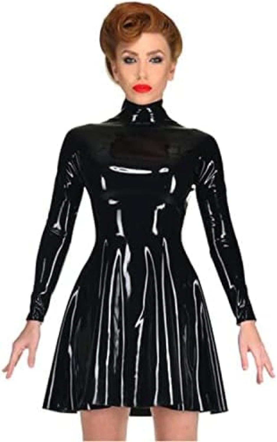 Black Latex Dress Back Zipper Long Sleeve Pleated Skirt Club Party Wear Costume,X-Small