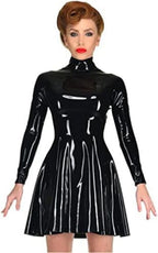 Black Latex Dress Back Zipper Long Sleeve Pleated Skirt Club Party Wear Costume,X-Small