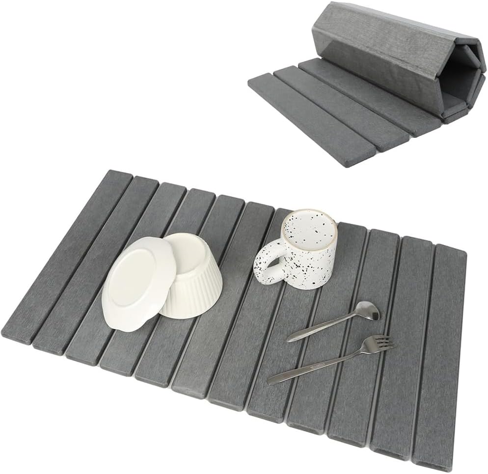 Large Stone Dish Drying Mat for Kitchen Counter Eco - Friendly Absorbent Diatomaceous Earth Bath Mat Quick Dry for Kitchen Dishes Bottles Cups Bathroom Any Countertop (Dark Grey24"×16"Square)
