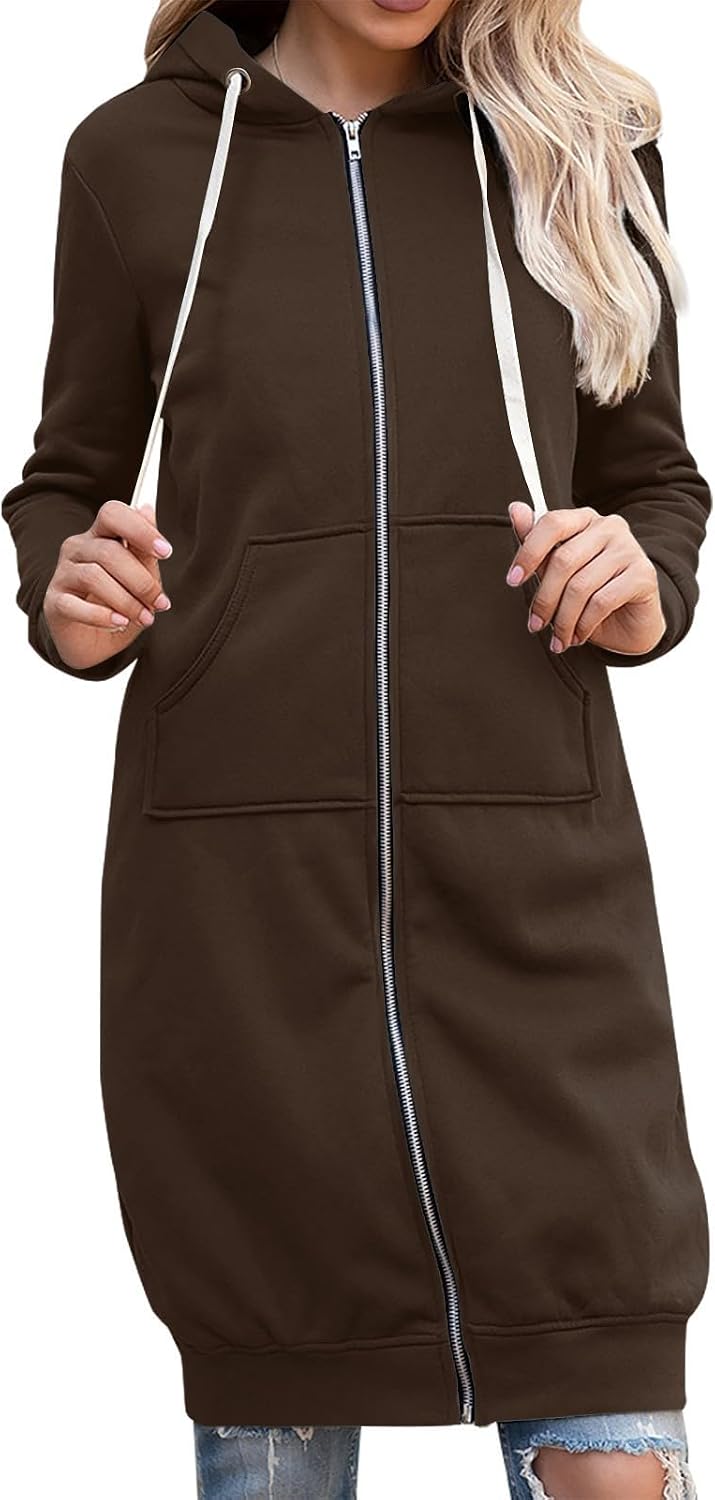 GOFULY Hooded For Women Full Zip Knee Length Tunic Sweatshirt Dresses Fleece Fall Jackets Long Sleeve Solid Clothes Pockets