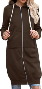 GOFULY Hooded For Women Full Zip Knee Length Tunic Sweatshirt Dresses Fleece Fall Jackets Long Sleeve Solid Clothes Pockets