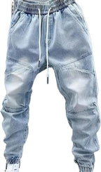 Men's Stretchy Drawstring Jeans Elastic Waist Slim Fit Denim Pants Tapered Regular Washed Jean Pant