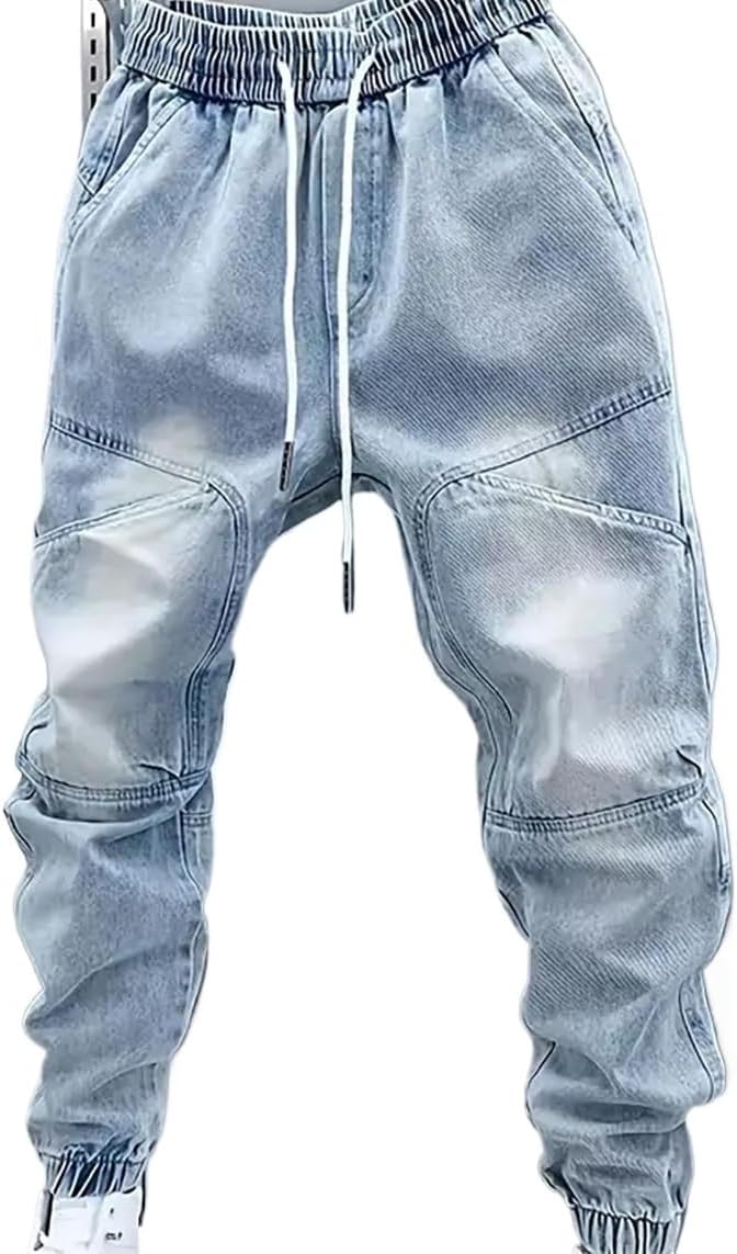 Men's Stretchy Drawstring Jeans Elastic Waist Slim Fit Denim Pants Tapered Regular Washed Jean Pant