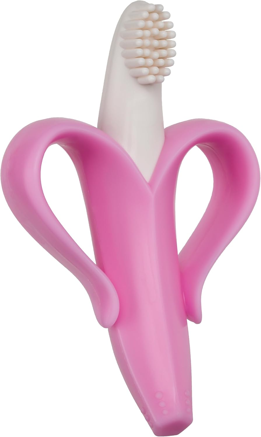 Baby Banana®Pink Teether-Toothbrush, Infant to Toddler, Made in USA, Butter-Soft Bristles for Gums and Teeth, Bendable Food Grade Silicone, Family-Owned Buisness Since 2009, 11 Million+ Sold