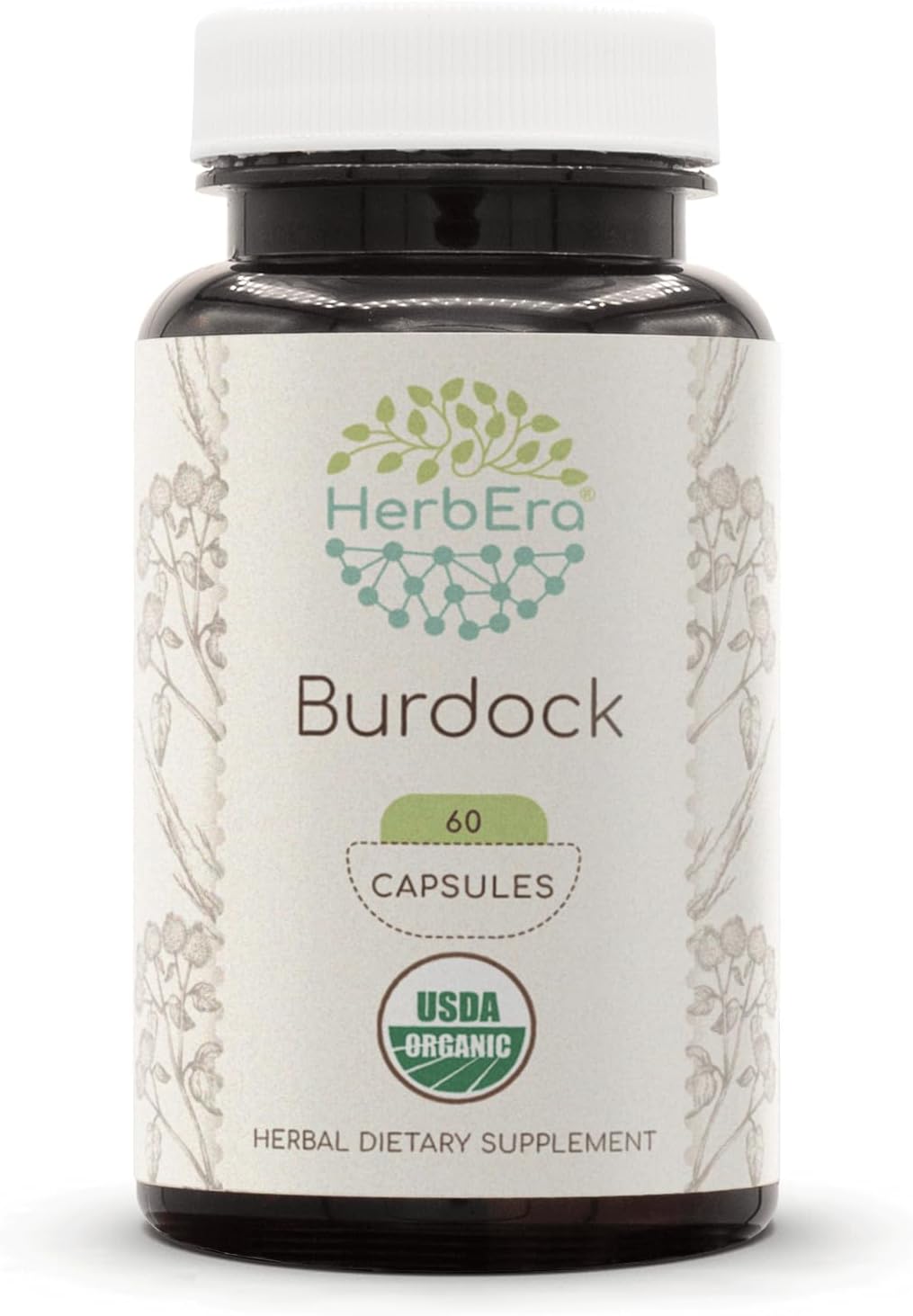 HerbEra Burdock USDA Organic 60 Capsules | Natural Herbal Supplement | Certified Organic Vegetarian Capsules and Organic Burdock (Arctium lappa) Dried Root (60 Capsules)