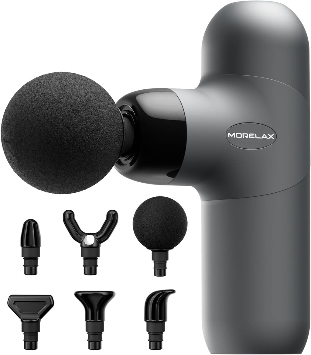 Morelax Mini Massage Gun, Percussion Muscle Massager for Back Pain Relief, Compact Sports Travel Massage Gun with 6 Massage Heads 4 Speeds, Gift for Her, Home, Athletes