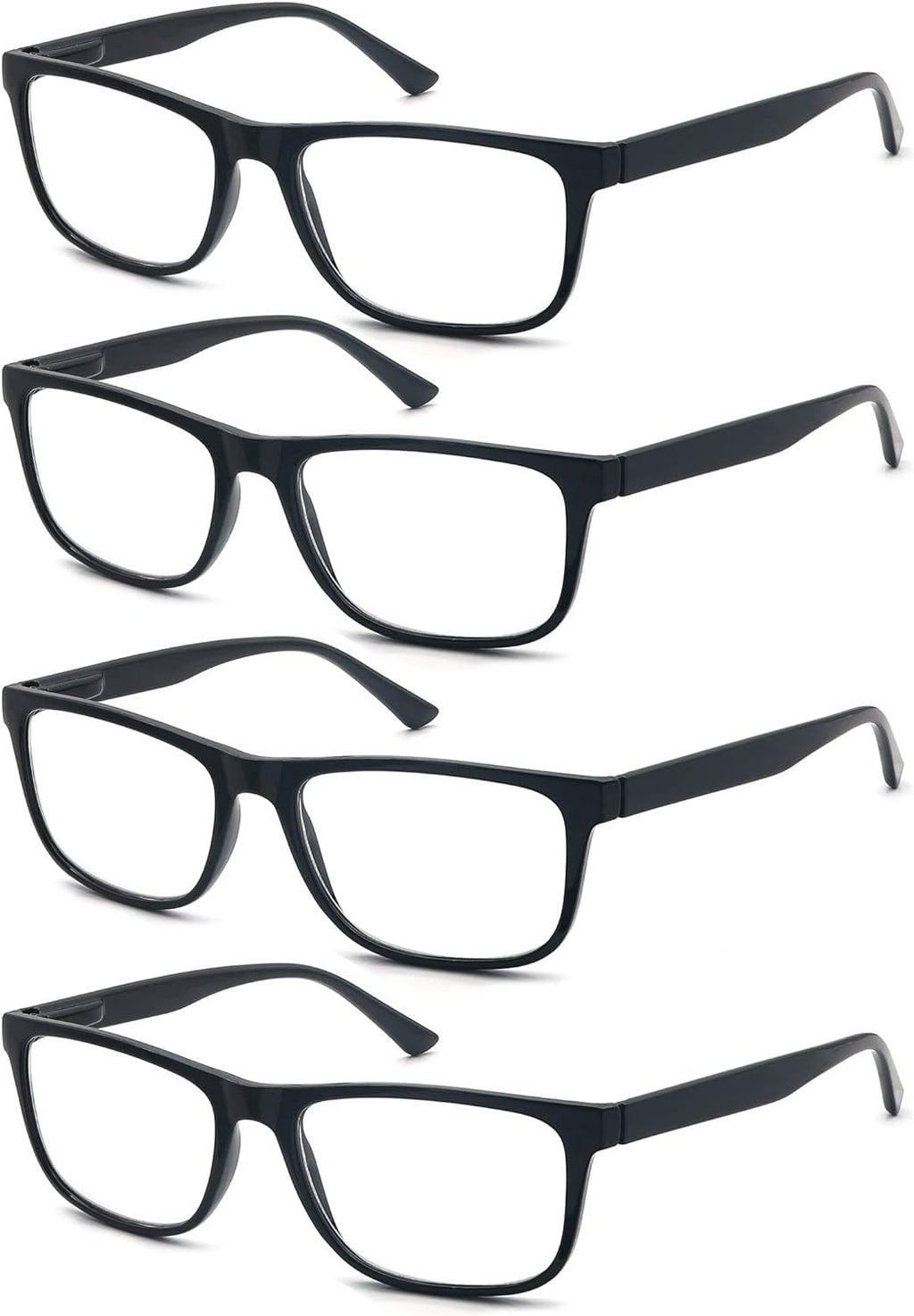 Wide Black Reading Glasses for Men +1.00 Large Oversized Readers Lightweight Square Eyeglasses for Reading for Big Head 4 Pack Spring Hinge Comfortable Fit