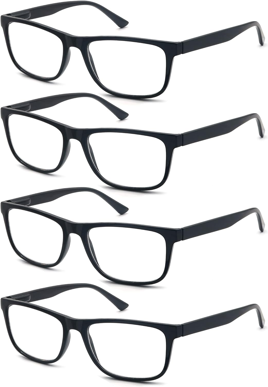 Wide Black Reading Glasses for Men +1.00 Large Oversized Readers Lightweight Square Eyeglasses for Reading for Big Head 4 Pack Spring Hinge Comfortable Fit