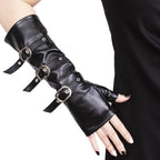 JISEN Women Half Palm Fingerless PU Leather Night Bar Band Up Punk Gloves