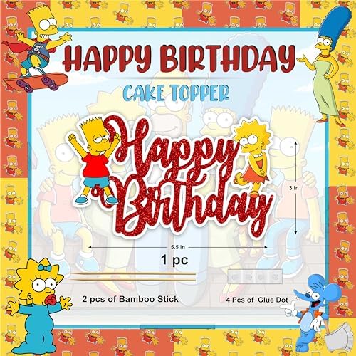 "Brt Simpson Happy Birthday Cake Topper – Fun Cartoon Theme Cake Decoration for Boys Girls – Simpsons Inspired Birthday Party Supplies for Dessert Table Décor, School Events & Family Celebrations"