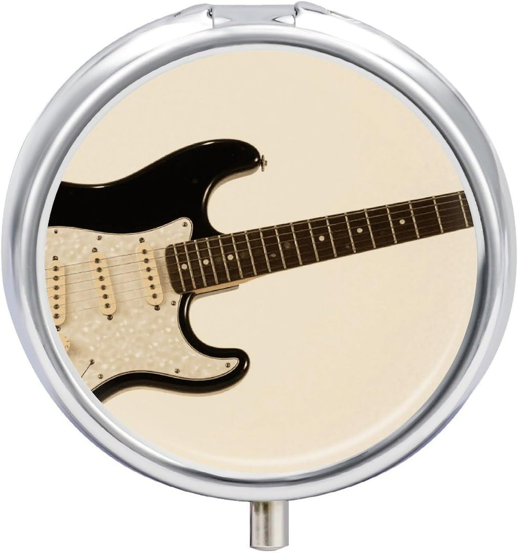 Electric Guitar Pill Box 3 Compartment Round Metal Pill Organizer Portable Mini Travel Medicine Case with Mirror Cute Medicine Container Holder for Pocket Purse