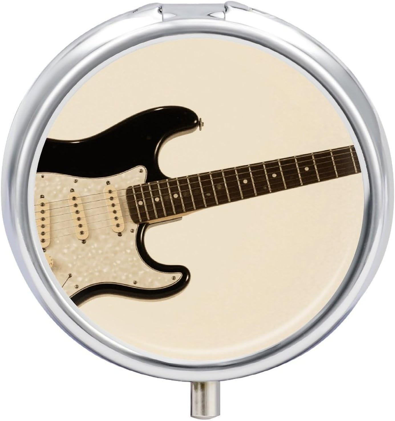 Electric Guitar Pill Box 3 Compartment Round Metal Pill Organizer Portable Mini Travel Medicine Case with Mirror Cute Medicine Container Holder for Pocket Purse
