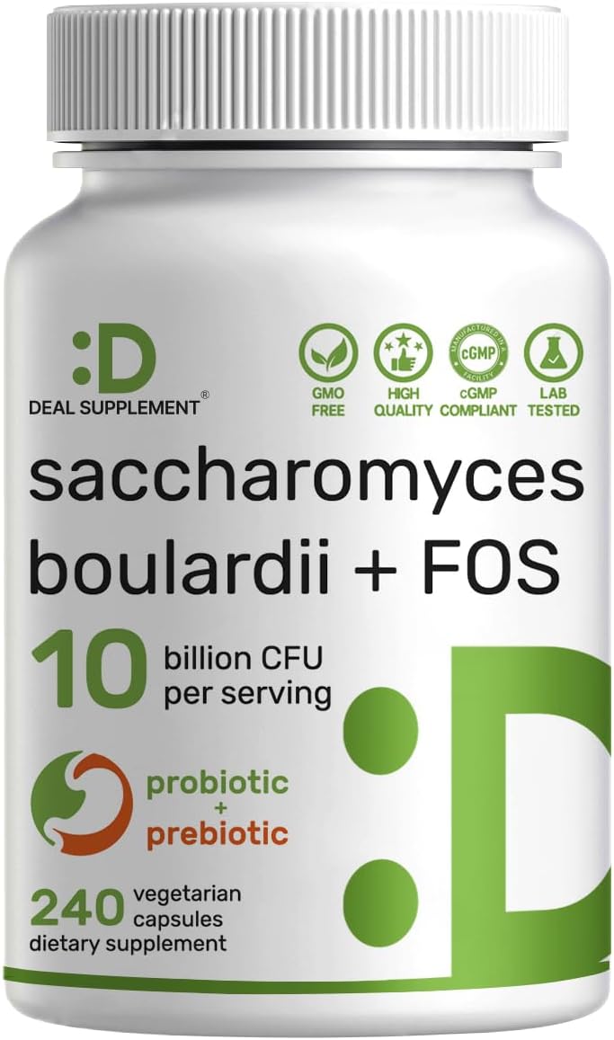 Saccharomyces Boulardii Probiotics + FOS Supplement, 10 Billion CFU, 240 Veggie Capsules – Probiotic & Prebiotic for Women & Men – Gut, Immune & Digestive Health Support – Non-GMO