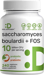 Saccharomyces Boulardii Probiotics + FOS Supplement, 10 Billion CFU, 240 Veggie Capsules – Probiotic & Prebiotic for Women & Men – Gut, Immune & Digestive Health Support – Non-GMO