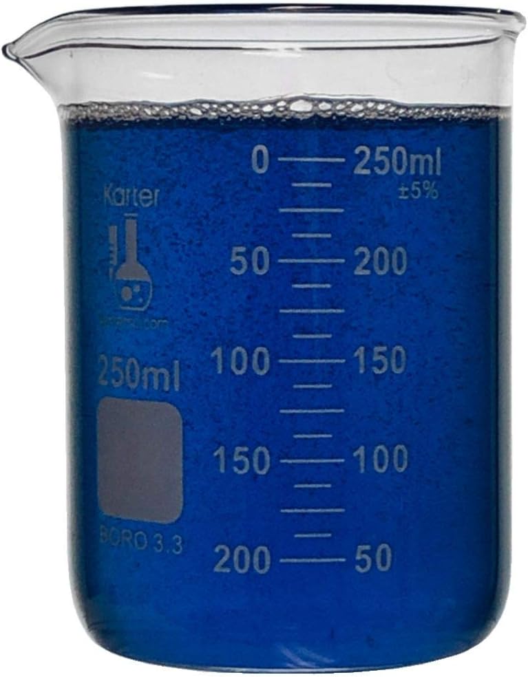 250ml Beaker, Low Form Griffin, Borosilicate 3.3 Glass, Double Scale, Graduated, Karter Scientific 213D33 (Single)