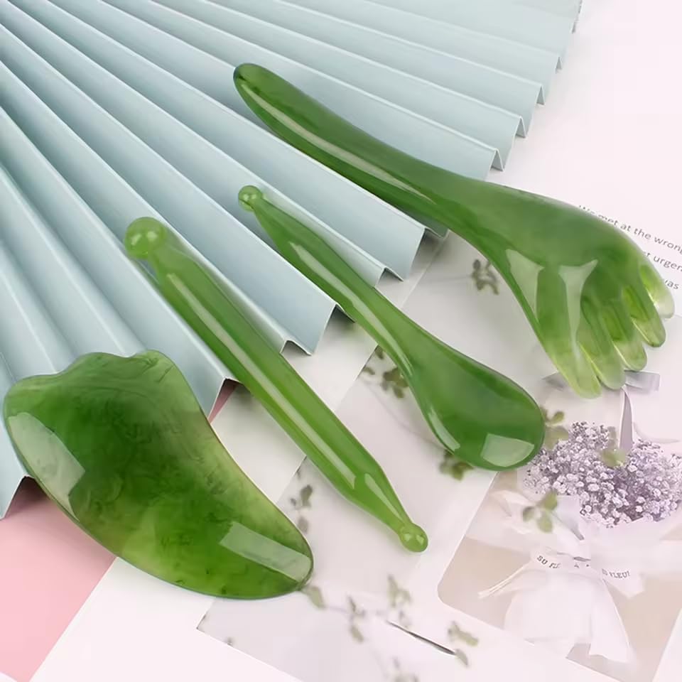 4pcs Gua Sha Facial Tools Jade Massage Sticks for JawlineSculpting Puffiness Reducing for Face Body Relieve Muscle Green