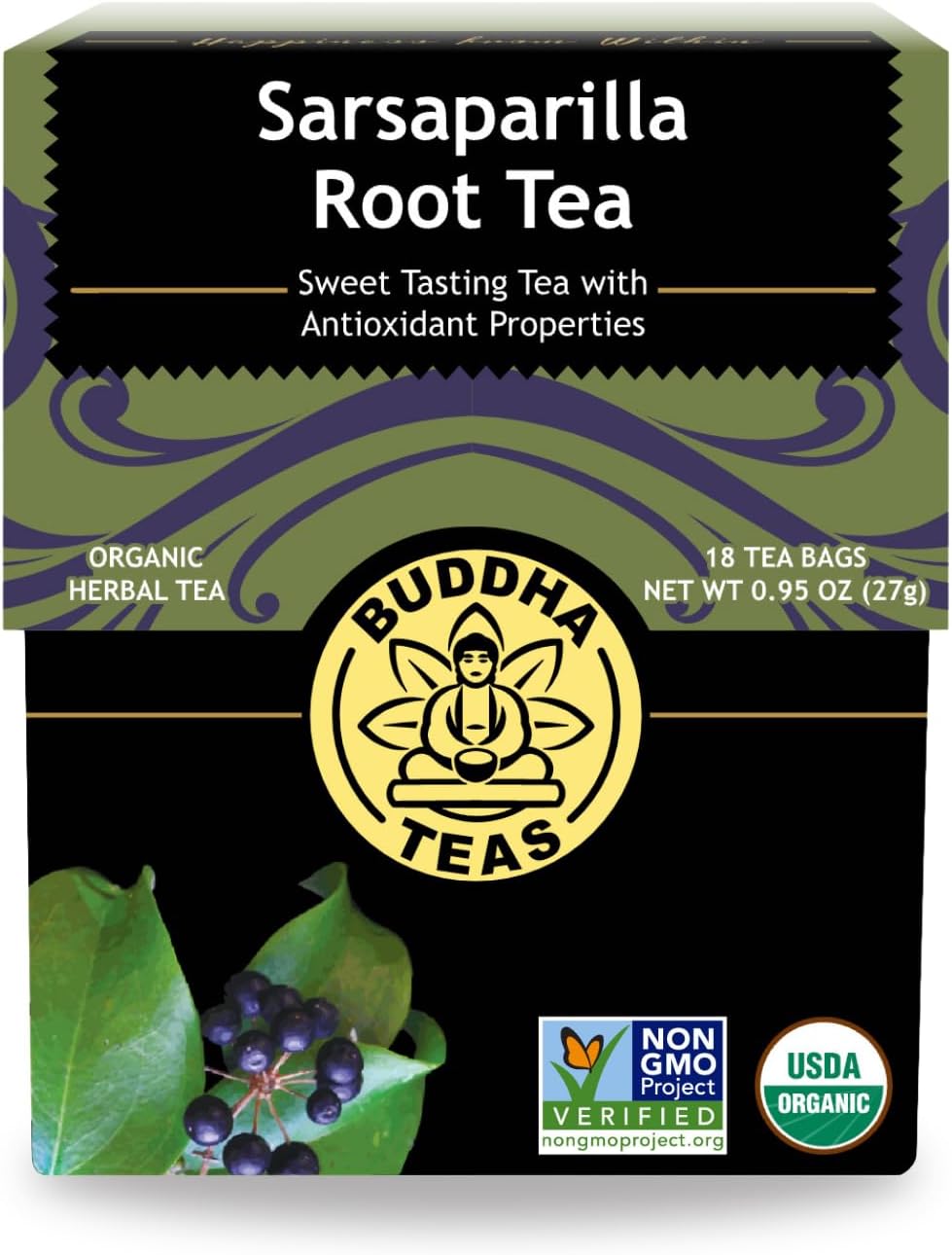 Buddha Teas - Organic Sarsaparilla Root Tea - Herbal Tea - Digestion & Skin Health - With Antioxidants & Minerals - Clean Ingredients - Caffeine Free - OU Kosher - 18 Tea Bags (Pack of 1)