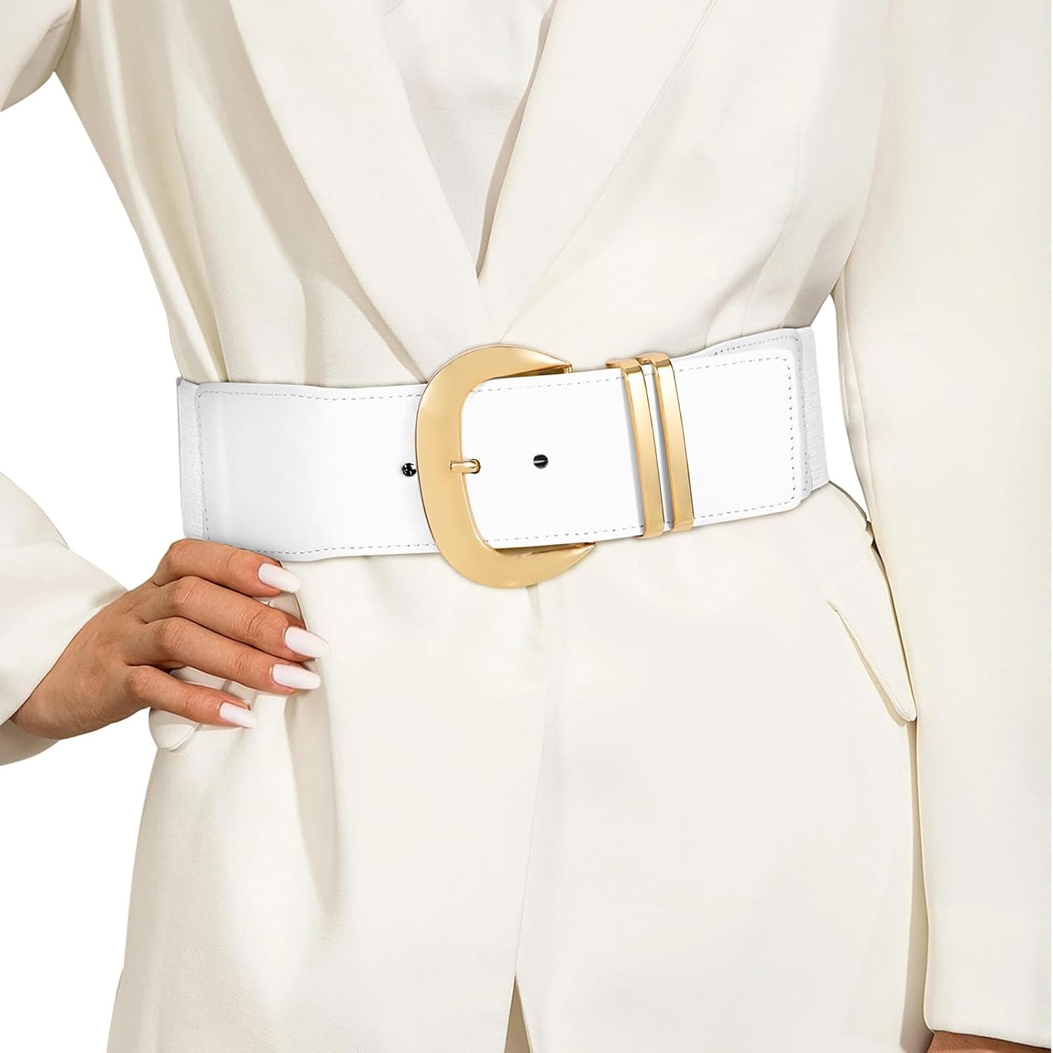 WHIPPY Women Wide Elastic Waist Belt for Dresses Fashion Gold Buckle Stretchy Leather Waistband for Ladies