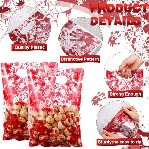Pajean 100 Pcs Halloween Bloody Treat Bags Goodie Candy Cellophane Handprint Gift Plastic Bags with Handle for Horror Zombie Splatter Scary Trick or Treat Party Favors, 9.8x6.7 Inch(Light)