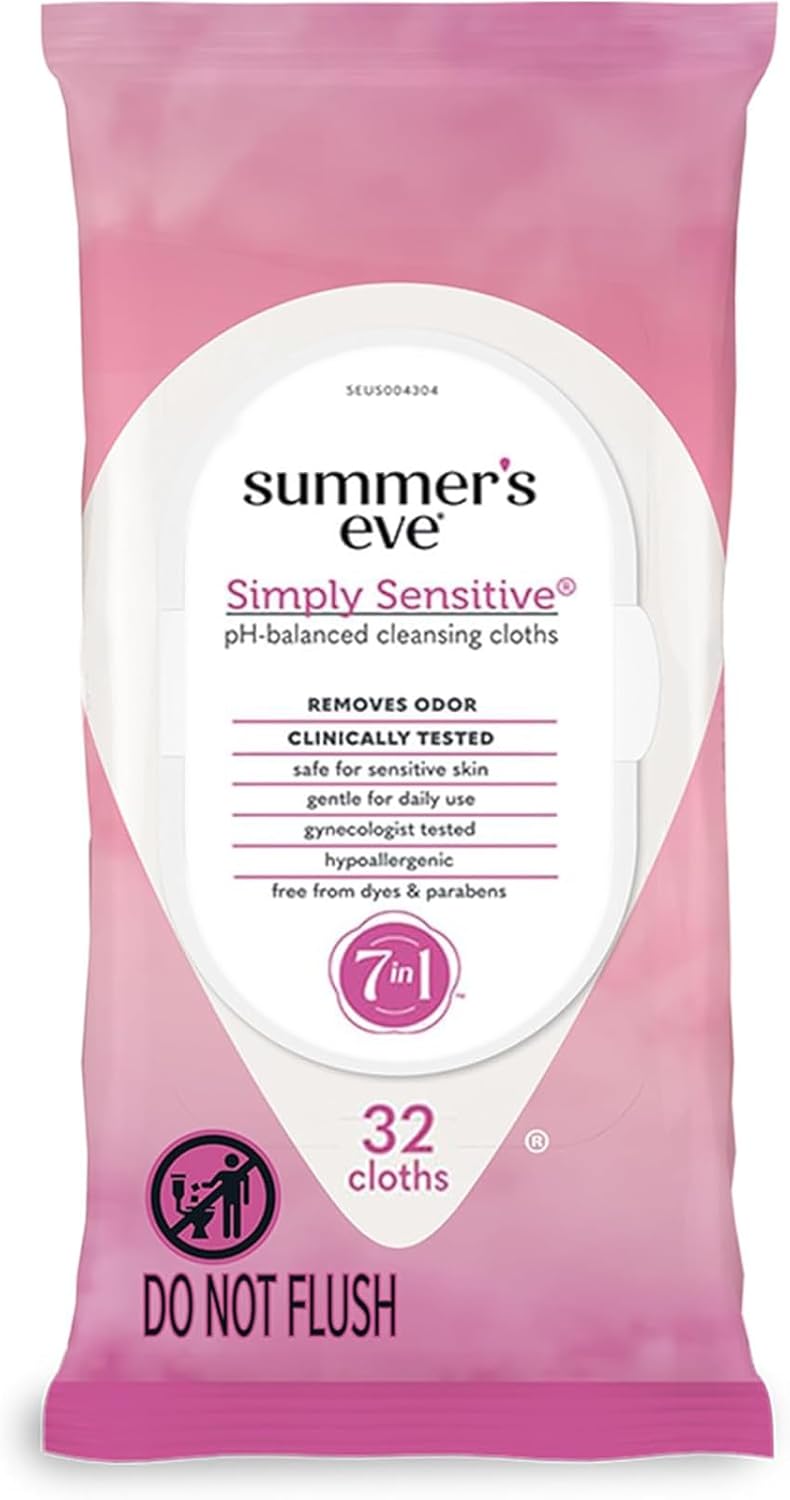 Summer's Eve Simply Sensitive Daily Gentle Feminine Wipes, Removes Odor, pH Balanced, 32 count