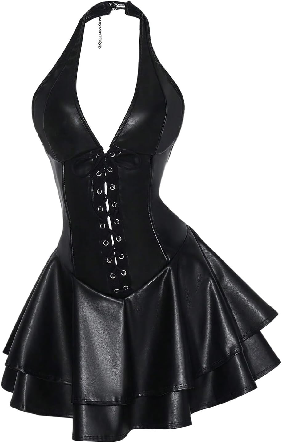 WDIRARA Women's PU Leather Lace Up Mini Halter Dress Sexy Punk Sleeveless Ruffle Layered A Line Dresses