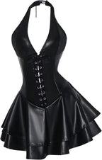 WDIRARA Women's PU Leather Lace Up Mini Halter Dress Sexy Punk Sleeveless Ruffle Layered A Line Dresses