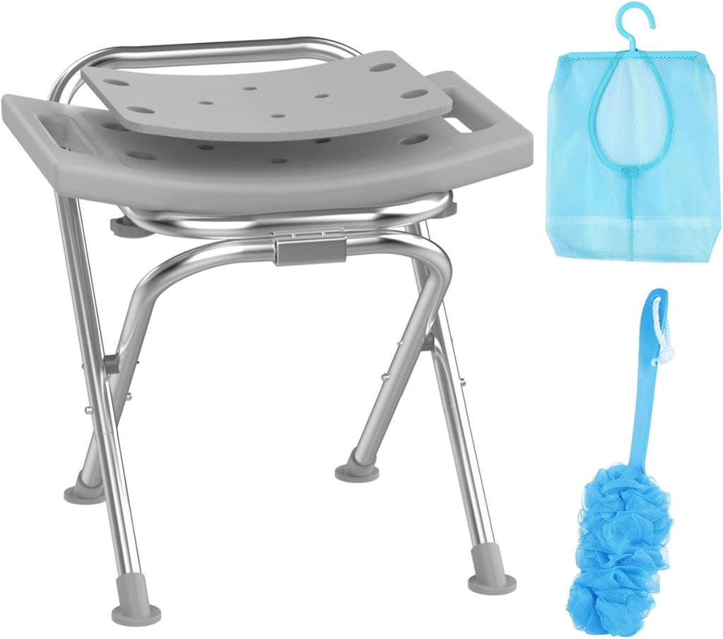 Folding Shower Chair for Inside Shower, Stainless Steel Foldable Shower Stool, 400lbs Portable Folding Shower Seat for Travel, Anti-Slip Small Shower Chair for Elderly Disabled Injured, Gray